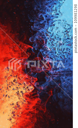 Ice fire. Flame smoke. Grain texture. Red blue color glowing distorted burning fume cloud sparks graphic on dark black abstract art illustration copy space background. Ice fire. Flame smoke. Grain texture. Red blue color glowing distorted burning fume cloud sparks graphic on dark black abstract art illustration copy space background. 109981298