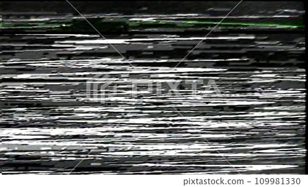 Glitch background. Noise texture. Analog distortion. Green white color old TV static on artifacts on dark black abstract free space illustration. 109981330