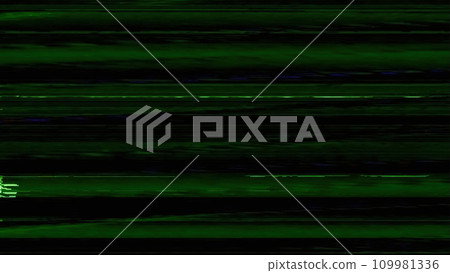 Analog glitch. VHS noise. Distortion frequency. Green blue color pixel lines artifacts texture on dark black abstract free space illustration background. 109981336