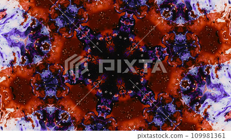 Paint kaleidoscope abstract background. Blue red black color glitter ink symmetrical geometric fractal ornament free space illustration. 109981361