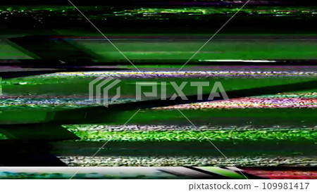 VHS glitch. Tape rewind. Analog distortion. Green pink color grain stripes noise defect texture on dark black abstract free space illustration background. VHS glitch. Tape rewind. Analog distortion. Green pink color grain stripes noise defect texture on dark black abstract free space illustration background. 109981417