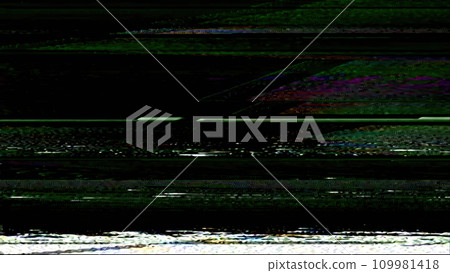 Glitch texture. Analog noise overlay. Signal interference. White green purple color static distortion grain lines on dark black abstract free space illustration background. 109981418