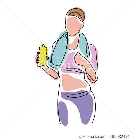 Fitness girl standing with bottle of water Fitness girl standing with bottle of water 109982335