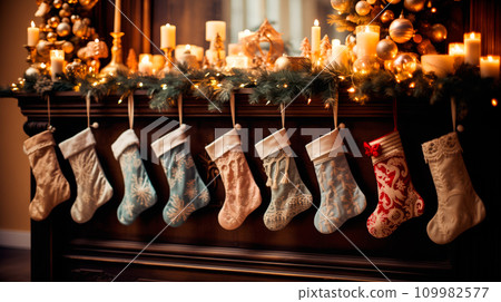 Christmas stockings hang from a fireplace mantel with candles. Winter festive atmosphere background Christmas stockings hang from a fireplace mantel with candles. Winter festive atmosphere background 109982577