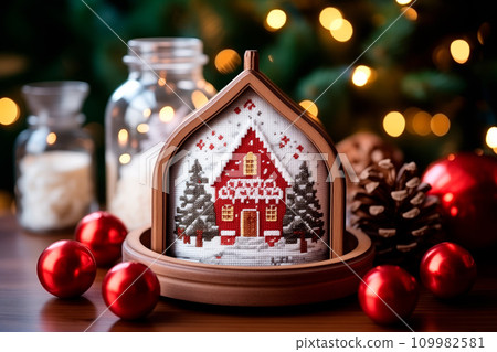 A framed embroidered christmas card with ornaments and candles on wooden table. Winter background with pine twigs A framed embroidered christmas card with ornaments and candles on wooden table. Winter background with pine twigs 109982581
