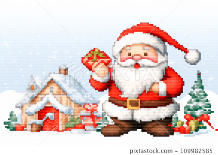 Cross stitch pattern of Santa Claus holding his presents, in the style of pixelated. Embroidered deer and snowy village Cross stitch pattern of Santa Claus holding his presents, in the style of pixelated. Embroidered deer and snowy village 109982585