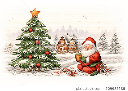 Cross stitch pattern of Santa Claus holding his presents, in the style of pixelated. Embroidered deer and snowy village Cross stitch pattern of Santa Claus holding his presents, in the style of pixelated. Embroidered deer and snowy village 109982586