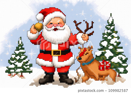 Cross stitch pattern of Santa Claus holding his presents, in the style of pixelated. Embroidered deer and snowy village Cross stitch pattern of Santa Claus holding his presents, in the style of pixelated. Embroidered deer and snowy village 109982587