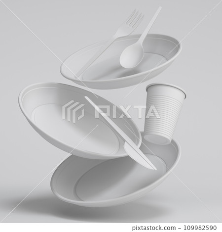 Set of disposable utensils like plate, folk, spoon,knife and cup on monochrome Set of disposable utensils like plate, folk, spoon,knife and cup on monochrome 109982590