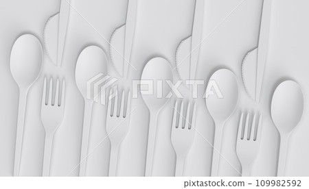Set of disposable utensils like spoon, fork and knife on monochrome background. Set of disposable utensils like spoon, fork and knife on monochrome background. 109982592