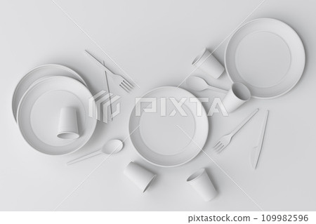 Set of disposable utensils like plate, folk, spoon,knife and cup on monochrome Set of disposable utensils like plate, folk, spoon,knife and cup on monochrome 109982596