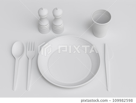 Set of disposable utensils like plate, folk, spoon,knife, cup and pepper mill 109982598