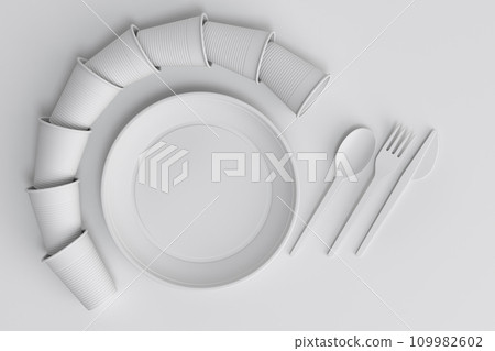 Set of disposable utensils like plate, folk, spoon,knife and cup on monochrome Set of disposable utensils like plate, folk, spoon,knife and cup on monochrome 109982602