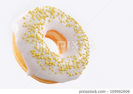 Chocolate glazed donut with sprinkles on a white background Chocolate glazed donut with sprinkles on a white background 109982606