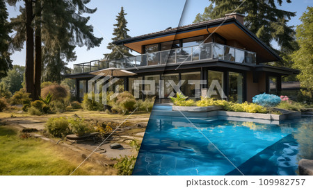 Before and After of Residential Back Yard With and Without A New Swimming Pool. Generative AI. 109982757