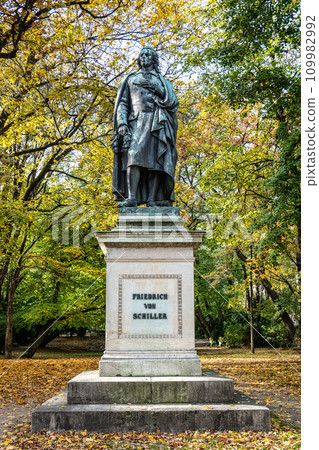 Friedrich Schiller monument at Maximiliansplatz square of Munich, Germany. The monument was unveiled in 1863. 109982992