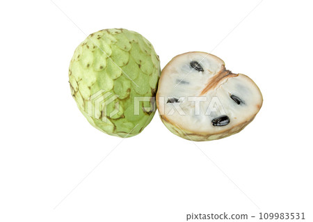 Chirimoya or cherimoya whole and half cut fruits isolated on white 109983531