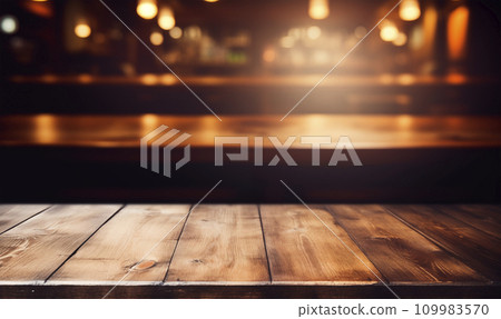 AI-generated content. Old wooden table in bar interior. Dark restaurant or pab blurred background. Copy space. AI generated 109983570