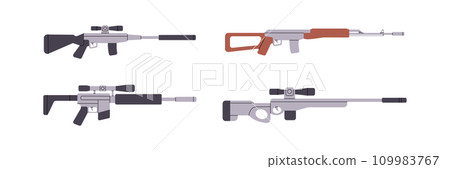 Set of sniper rifles. Military weapons silhouettes. Various modern weapons. Vector illustration. 109983767