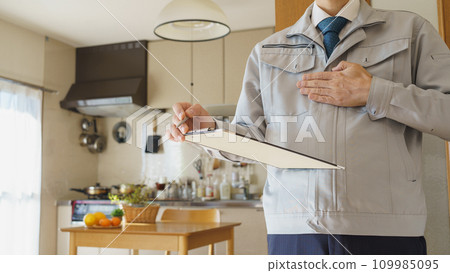 A man in work clothes inspects the kitchen and dining room | Renovation survey and estimate image 109985095