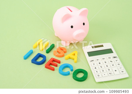 iDeCo and NISA image colorful letters, pig piggy bank and calculator iDeCo and NISA image colorful letters, pig piggy bank and calculator 109985493