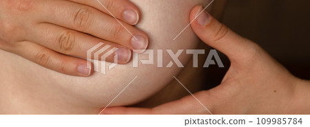 Unrecognizable Women topless doing self-checks for breast cancer. Banner BSE Checking up breast changes, possible lumps, distortions or swelling. Breast cancer awareness 109985784