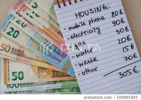 Euro cash money with notebook handwritten housing expenses. Counting bills for electricity, gas, water. Concept of Efficient Consumption and Economy Euro cash money with notebook handwritten housing expenses. Counting bills for electricity, gas, water. Concept of Efficient Consumption and Economy 109985805