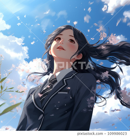 Cherry blossoms in full bloom and female students AI generated 109986023