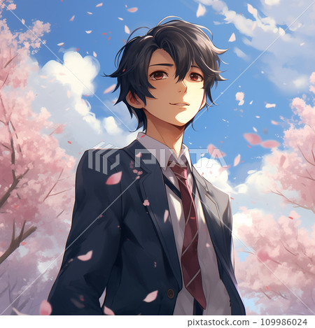 Cherry blossoms in full bloom and male student AI generated 109986024