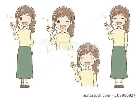 A woman in a long skirt giving a winking OK sign 109986924
