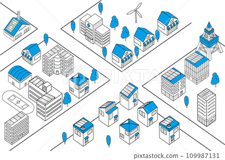 簡單城市景觀的俯視圖（水平藍色） 109987131