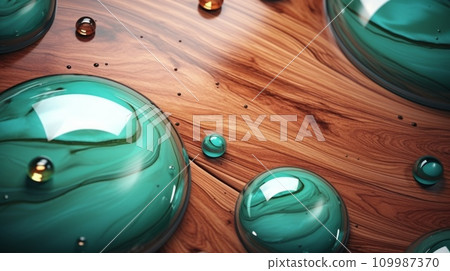AI-generated content. Mint Marble with Wooden Rosewood Horizontal Background. Abstract stone texture backdrop with water drops. Bright natural material Surface. AI Generated Photorealistic 109987370