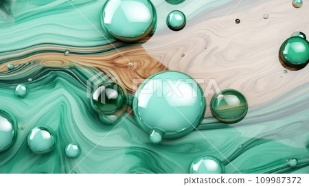 AI-generated content. Mint Marble with Wooden Oak Horizontal Background. Abstract stone texture backdrop with water drops. Bright natural material Surface. AI Generated Photorealistic Illustration. 109987372
