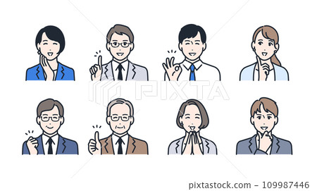 彩色圖示插圖設定了表情快樂的商務人士的素材 彩色圖示插圖設定了表情快樂的商務人士的素材 109987446
