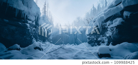 AI-generated content. Snow-covered canyon with icicles and frosted trees, shrouded in mist, creating a mystical winter landscape. 109988425