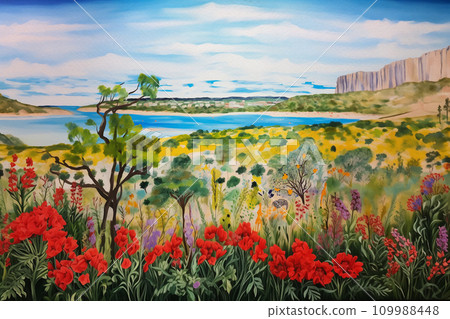 AI-generated content. Idyllic landscape painting depicting a coastal village with houses overlooking a bay, surrounded by rich flora and distant snow-capped mountains. AI-generated content. Idyllic landscape painting depicting a coastal village with houses overlooking a bay, surrounded by rich flora and distant snow-capped mountains. 109988448