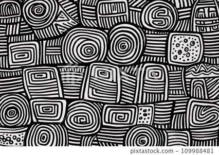 Abstract black and white doodle patterns with various geometric and organic shapes. Abstract black and white doodle patterns with various geometric and organic shapes. 109988481