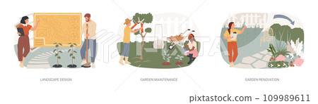 Gardening services isolated concept vector illustration set. Landscape design, garden maintenance and renovation, frond and backyard, shaping plants, hedge trimming, lawn mowing vector concept. Gardening services isolated concept vector illustration set. Landscape design, garden maintenance and renovation, frond and backyard, shaping plants, hedge trimming, lawn mowing vector concept. 109989611
