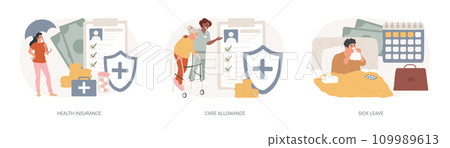 Medical care isolated concept vector illustration set. Health insurance, care allowance, sick leave, application form, emergency coverage, home nurse, social insurance, home office vector concept. Medical care isolated concept vector illustration set. Health insurance, care allowance, sick leave, application form, emergency coverage, home nurse, social insurance, home office vector concept. 109989613