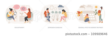 Mental health isolated concept vector illustration set. Psychotherapy, depression counseling, seasonal affective disorder treatment, behavioral cognitive therapy, private session vector concept. Mental health isolated concept vector illustration set. Psychotherapy, depression counseling, seasonal affective disorder treatment, behavioral cognitive therapy, private session vector concept. 109989646