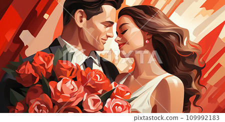 AI-generated content. Romantic illustration with couple in love 109992183