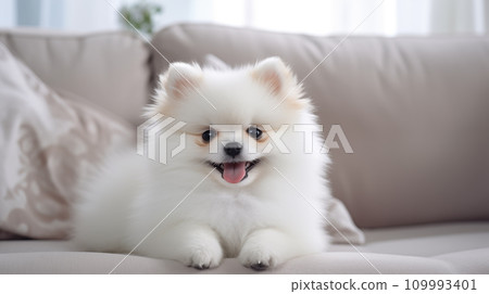 Pomeranian on Sofa, Generative AI 109993401