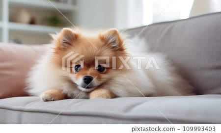 Pomeranian on Sofa, Generative AI 109993403