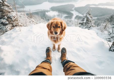 AI-generated content. Cute ginger dog standing by owner legs on snowy winter mountains landscape 109993556