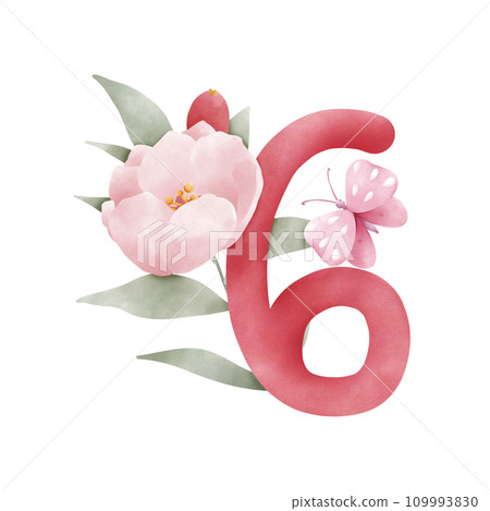 number set with pink watercolor flowers and leaves 109993830
