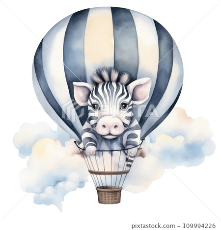 Adorable Zebra and Colorful Hot Air Balloon Watercolor Clipart for Baby's 1st Birthday, Ideal for Party Invitations, Classroom Decorations, and DIY Art Projects, Ai generative 109994226