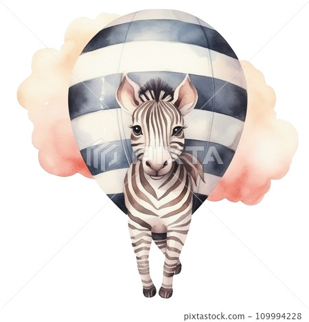 Adorable Zebra and Colorful Hot Air Balloon Watercolor Clipart for Baby's 1st Birthday, Ideal for Party Invitations, Classroom Decorations, and DIY Art Projects, Ai generative 109994228