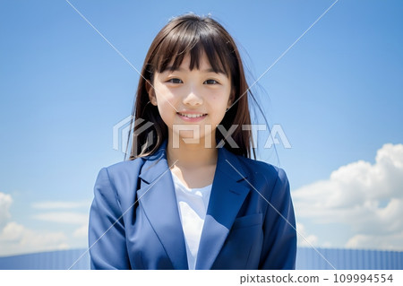 A young woman smiling positively against the blue sky AI generated 109994554