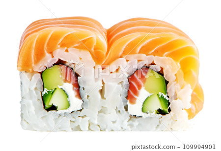 sushi on a white background. sushi is sometimes confused with sashimi, a dish that consists of thinly sliced raw fish or occasionally meat, without sushi rice 109994901