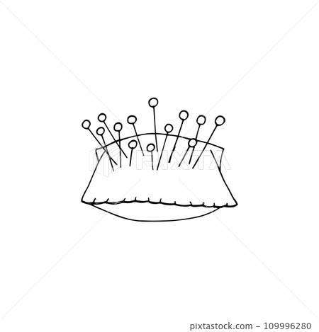 Hand-drawn sketch of pincushion with needles and pins. Needlework accessories, tailor supplies, isolated outline illustration on white background. 109996280